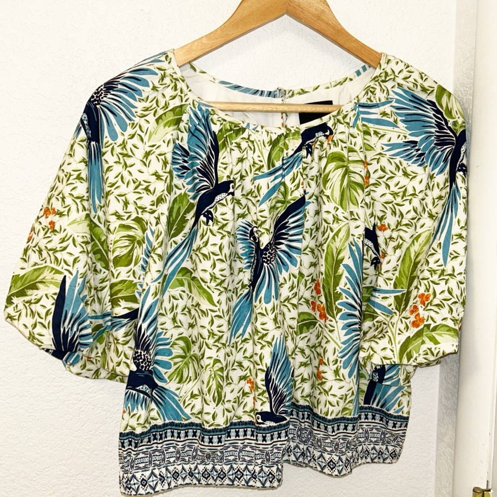 ALEX MARIE The Wren Bird Print Linen Blend Cropped Top Balloon Sleeves SZ: XL